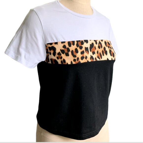 Hotouch Cropped Boxy Tee Colorblock Leopard, Black, White M #39M - Picture 2 of 8